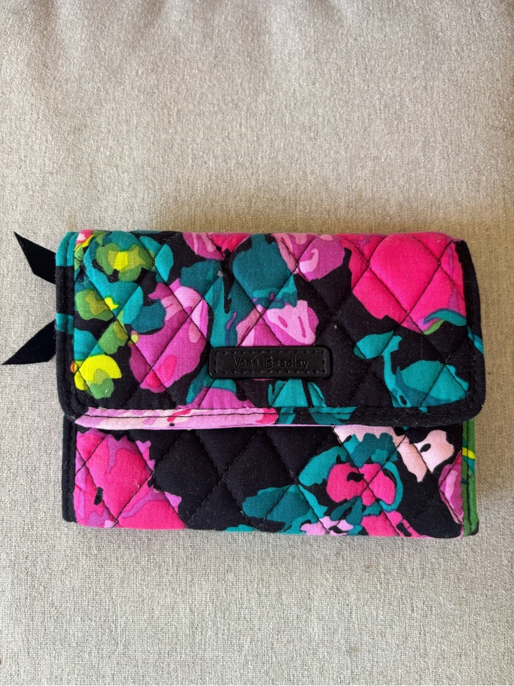Vera Bradley Quilted Floral Trifold Wallet - Black, Hot Pink & Teal